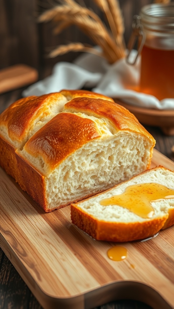 A golden brown loaf of honey bread sliced on a wooden board, with honey and wheat in the background.